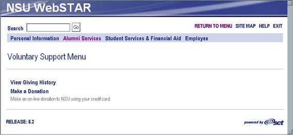 WebSTAR for Alumni Voluntary Support Menu